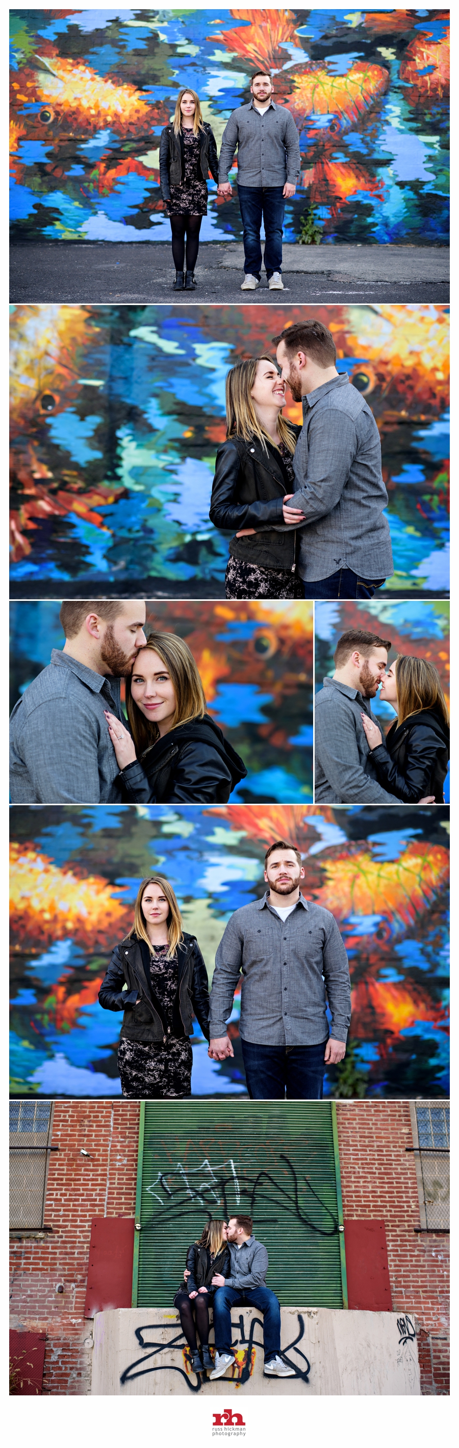 An Engaged Couple in front of a colorful wall in Philadelphia.